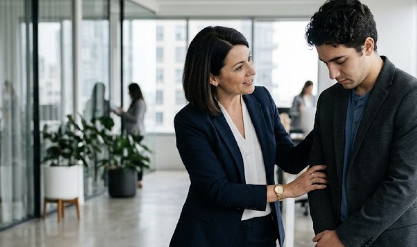 A team leader gently coaches a disengaged agent standing by an untouched desk phone