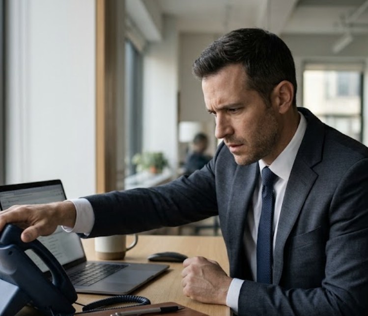 A real estate agent pauses with a hand on the phone, hesitating before a prospecting call