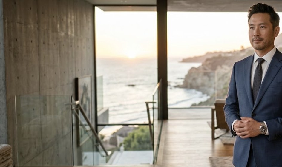 A poised luxury real estate agent stands in a high-end modern home overlooking a city skyline