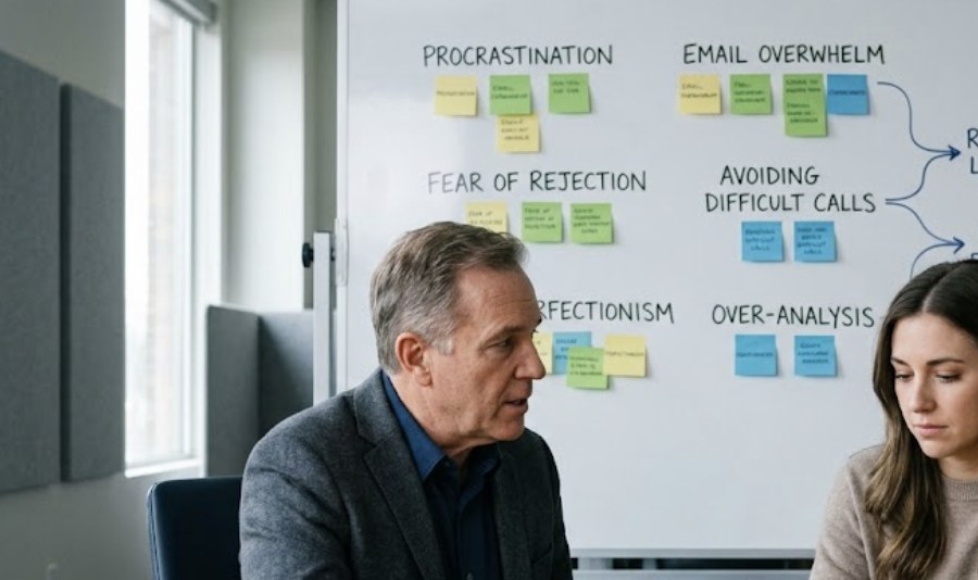 A sales manager coaches a hesitant agent in front of a whiteboard mapping types of sales reluctance